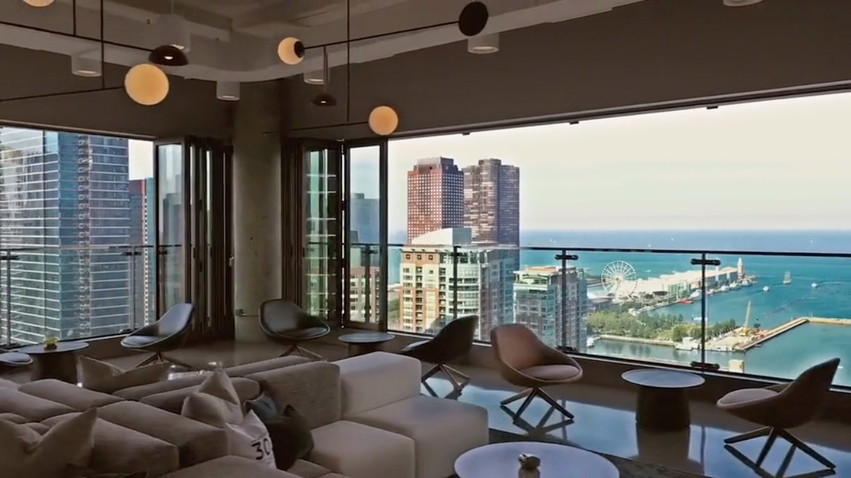 Medill downtown Chicago campus interior with Riverwalk view